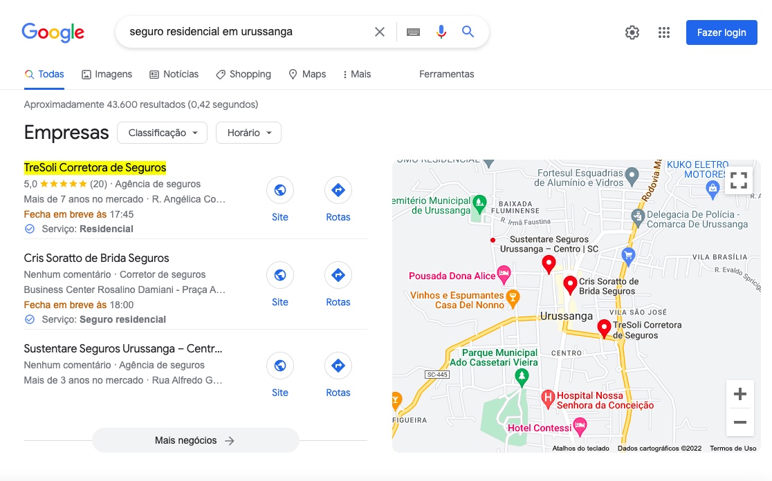 Como aparecer no Google buscando por serviço específico — exemplo de ficha no Google Maps