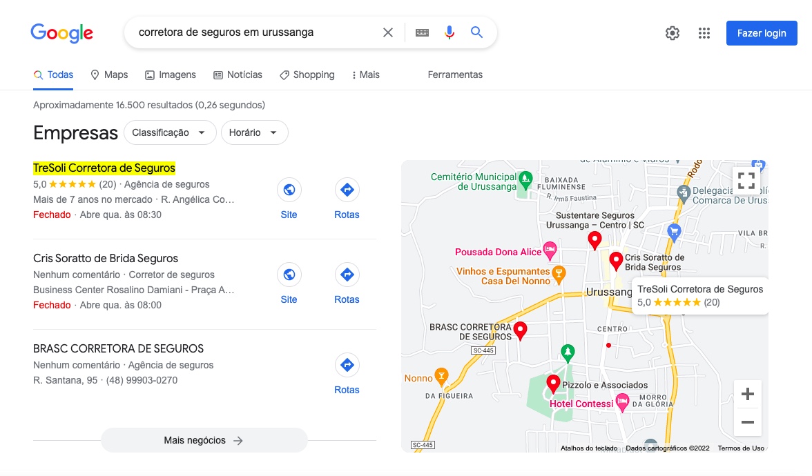 Como aparecer no Google buscando por ramo de negócio — exemplo de ficha no mapa