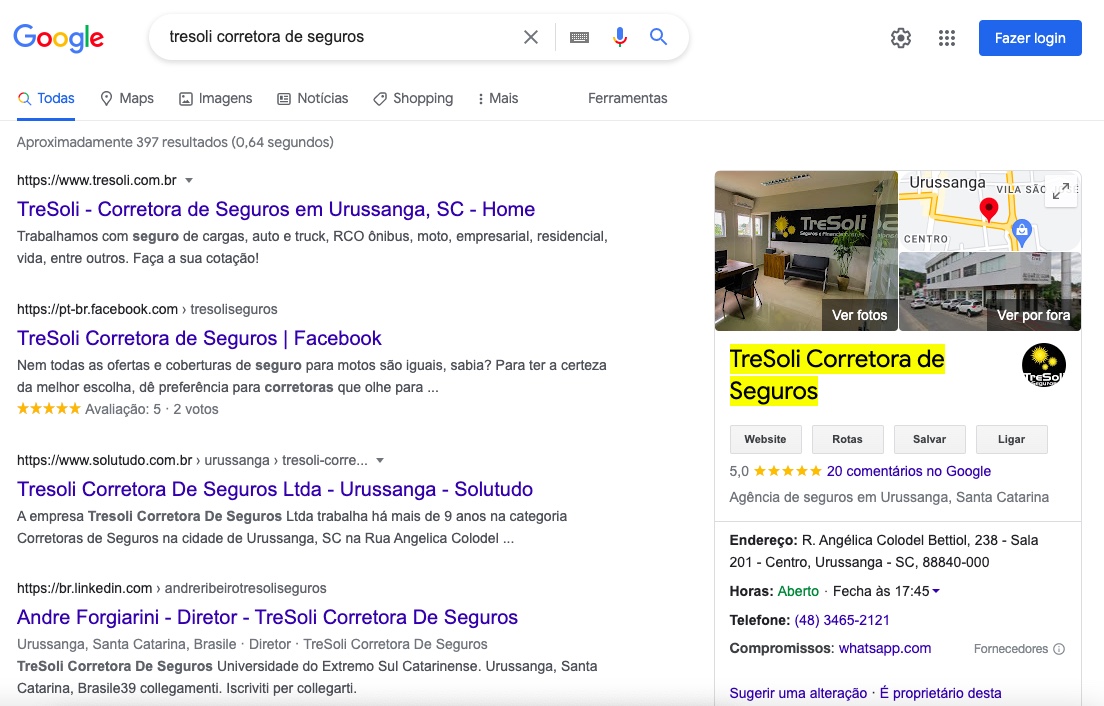 Como aparecer no Google quando buscam pelo nome da empresa — exemplo de ficha em destaque